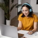 woman attending online class